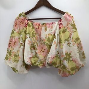 Calypso St. Barth Floral Blouse in Pink and Green Puff Sleeves
